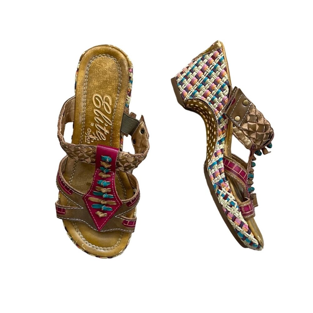 Elite By Corkys Woven Multicolor Heeled Sandals With Decorative Straps & Braided